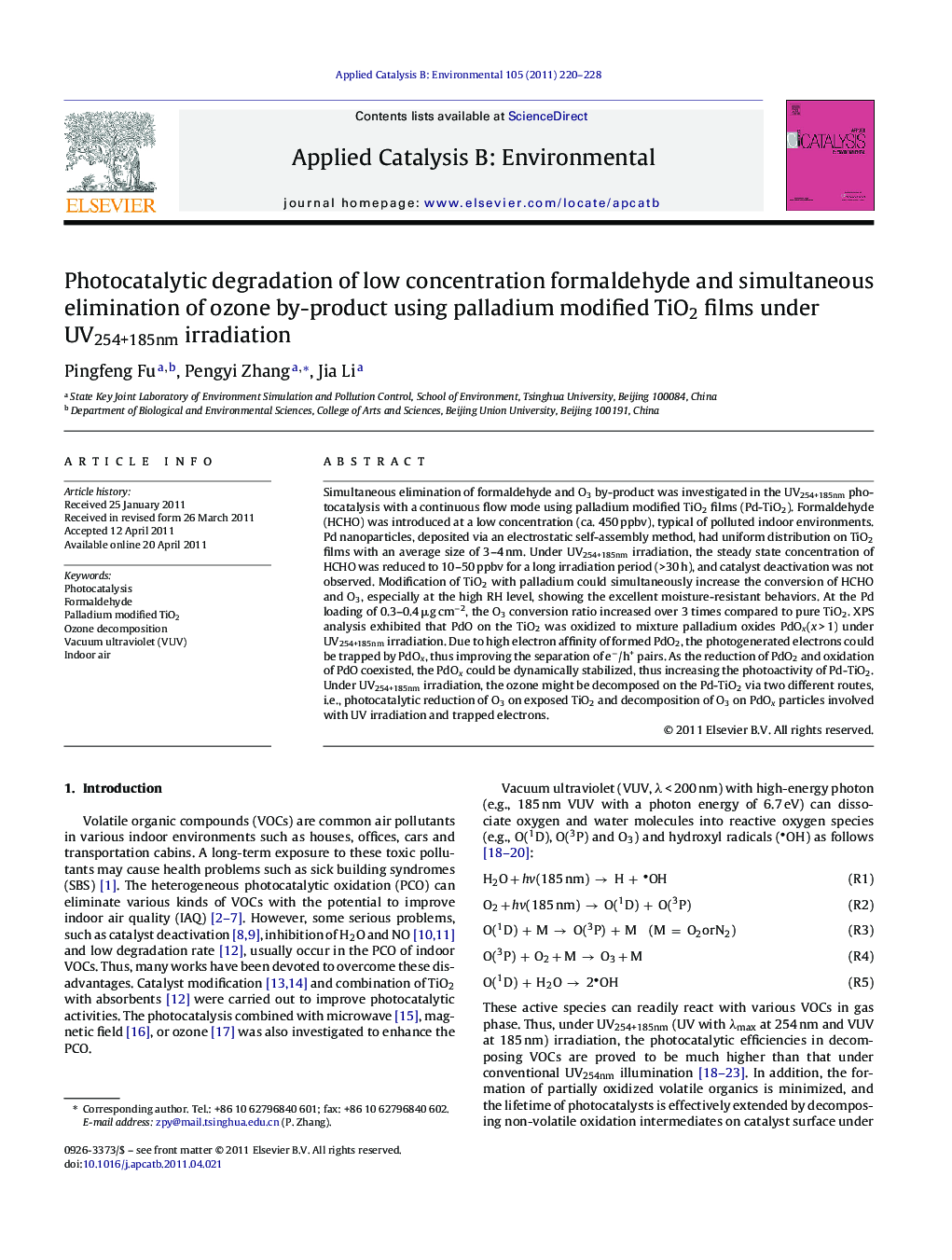 Photocatalytic degradation of low concentration formaldehyde and simultaneous elimination of ozone by-product using palladium modified TiO2 films under UV254+185nm irradiation