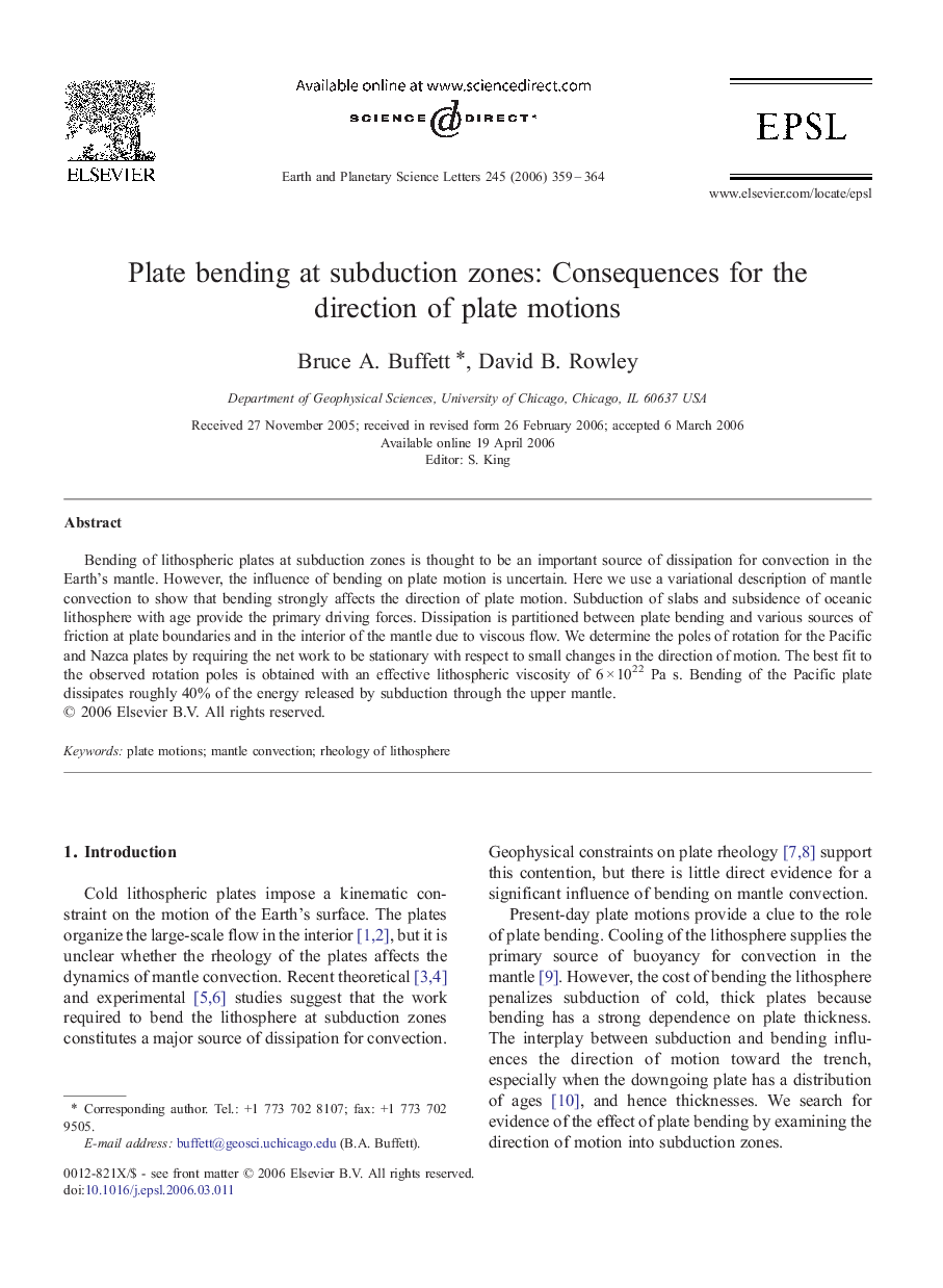 Plate bending at subduction zones: Consequences for the direction of plate motions