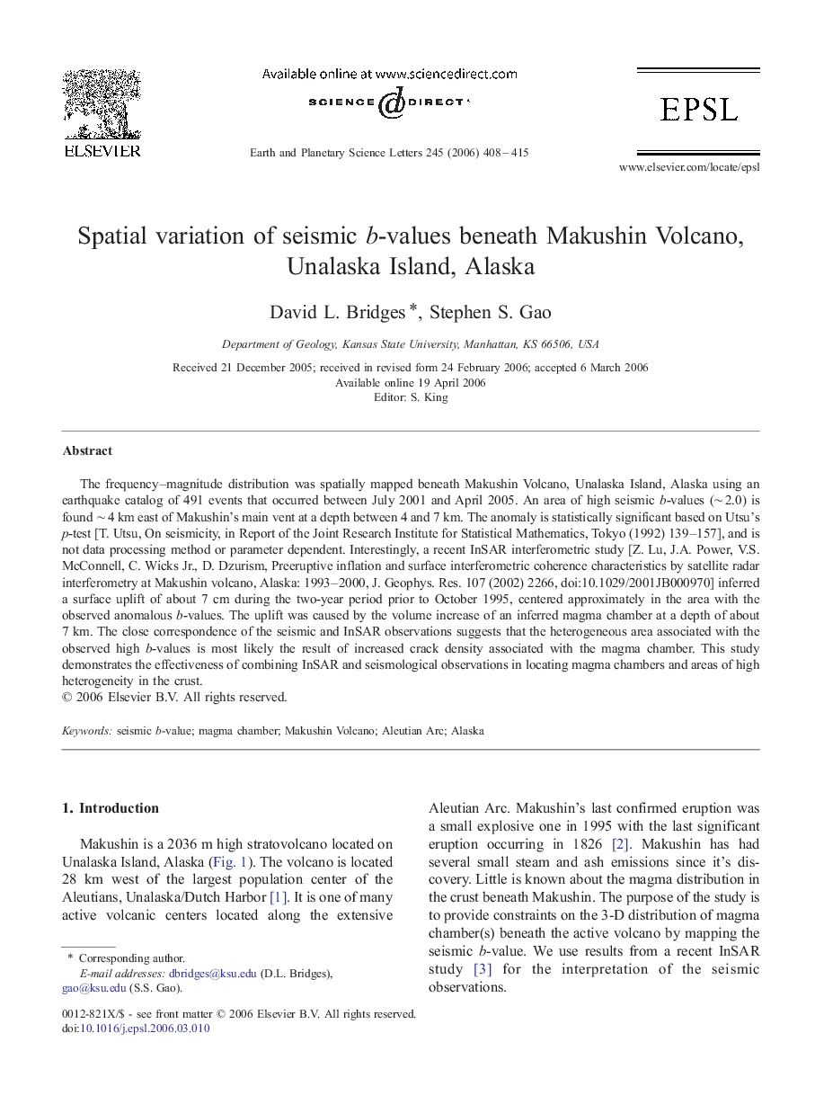 عکس صفحه اول مقاله: Spatial variation of seismic b-values beneath Makushin Volcano, Unalaska Island, Alaska Spatial variation of seismic b-values beneath Makushin Volcano, Unalaska Island, Alaska