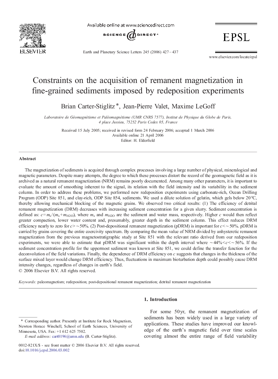 Constraints on the acquisition of remanent magnetization in fine-grained sediments imposed by redeposition experiments