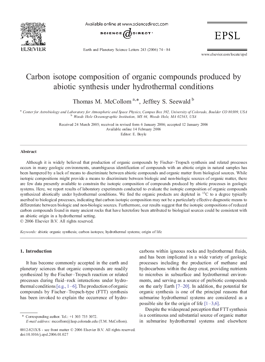 Carbon isotope composition of organic compounds produced by abiotic synthesis under hydrothermal conditions