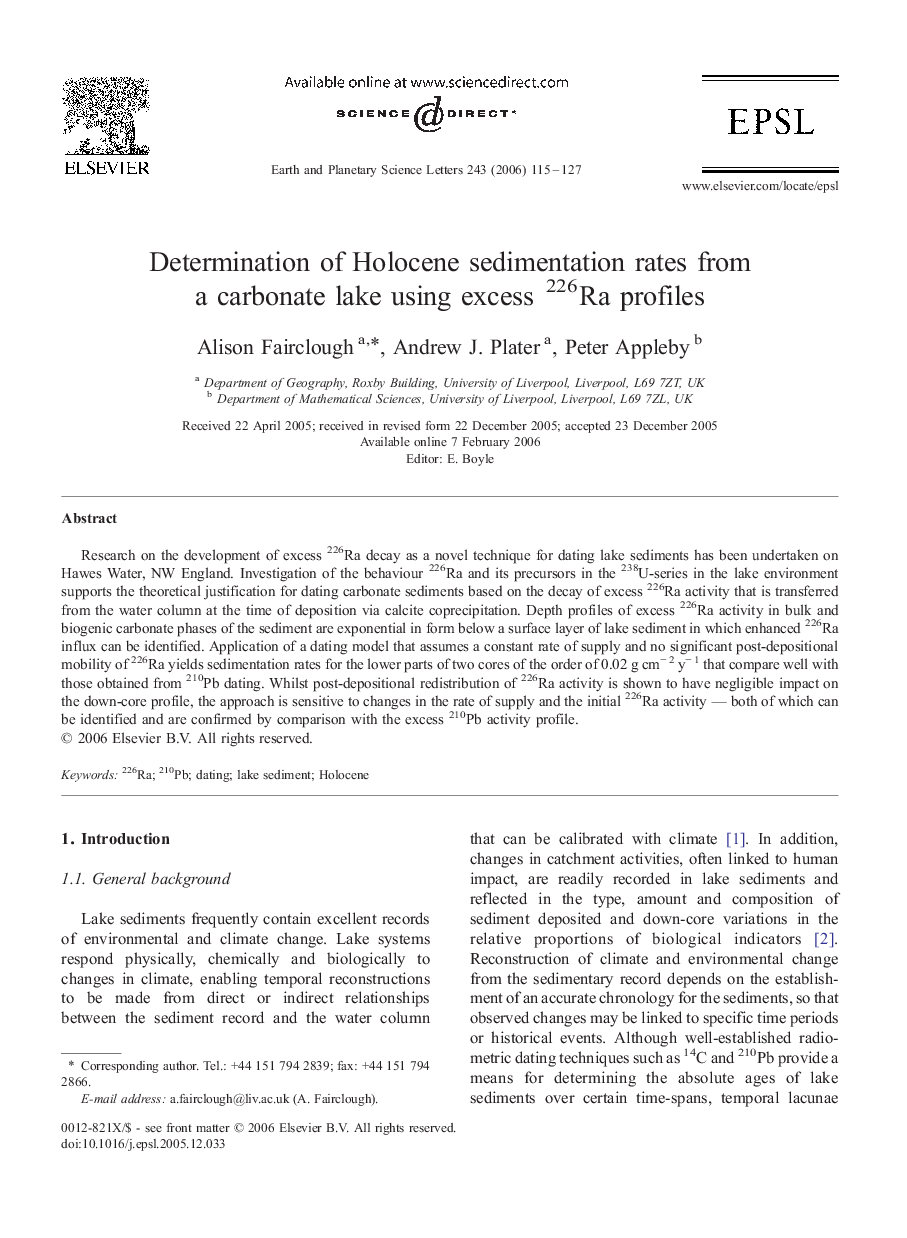 Determination of Holocene sedimentation rates from a carbonate lake using excess 226Ra profiles