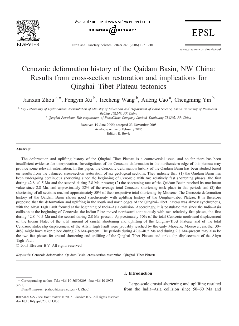 Cenozoic deformation history of the Qaidam Basin, NW China: Results from cross-section restoration and implications for Qinghai–Tibet Plateau tectonics