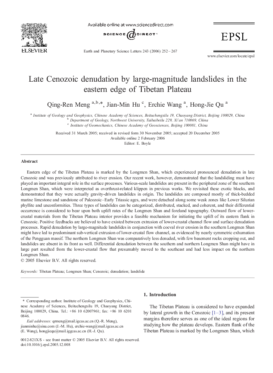 Late Cenozoic denudation by large-magnitude landslides in the eastern edge of Tibetan Plateau