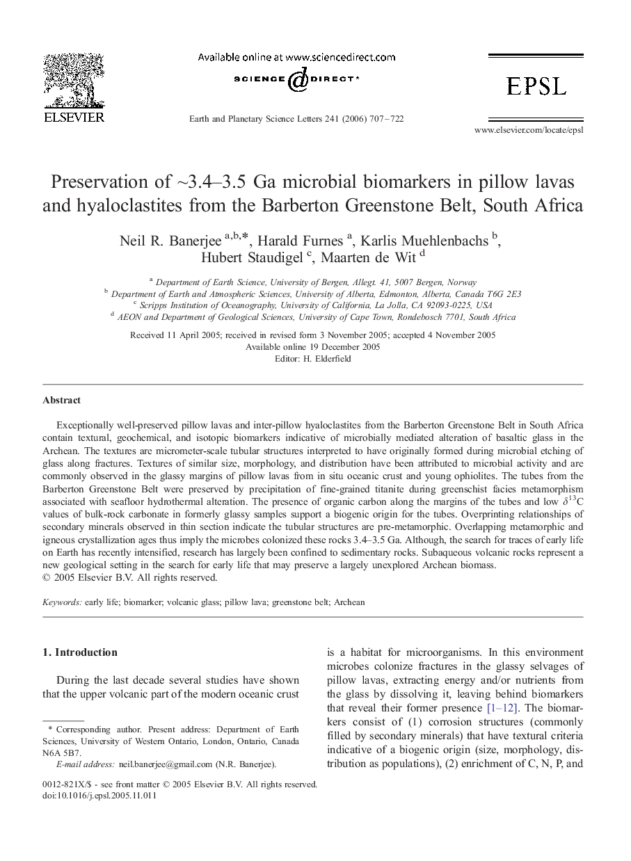 Preservation of ∼3.4–3.5 Ga microbial biomarkers in pillow lavas and hyaloclastites from the Barberton Greenstone Belt, South Africa