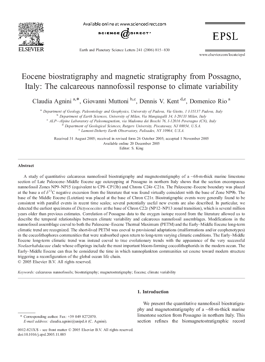 Eocene biostratigraphy and magnetic stratigraphy from Possagno, Italy: The calcareous nannofossil response to climate variability