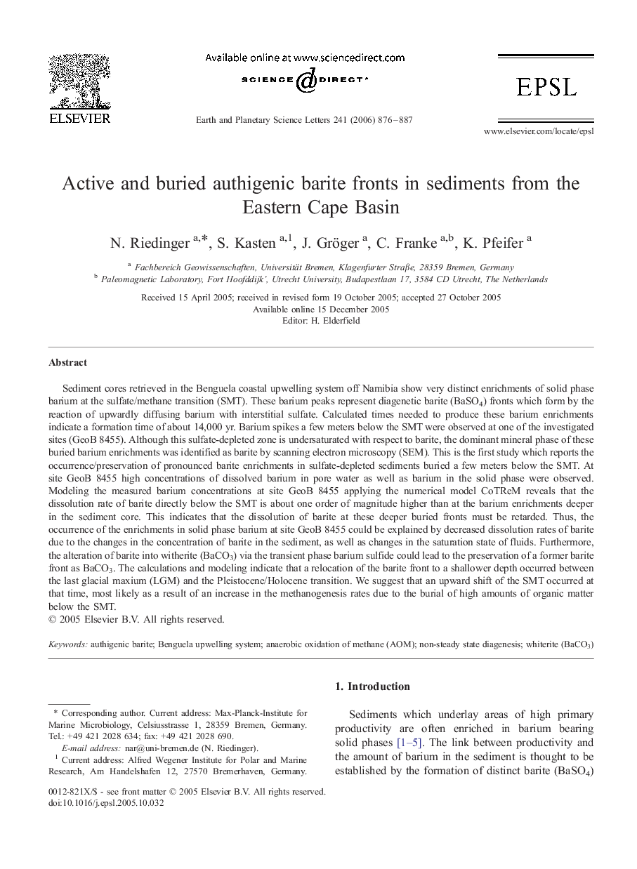 Active and buried authigenic barite fronts in sediments from the Eastern Cape Basin