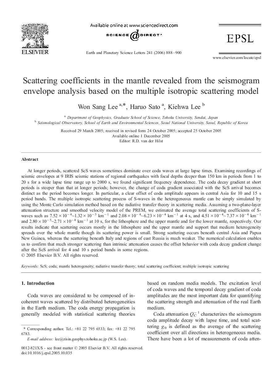 Scattering coefficients in the mantle revealed from the seismogram envelope analysis based on the multiple isotropic scattering model