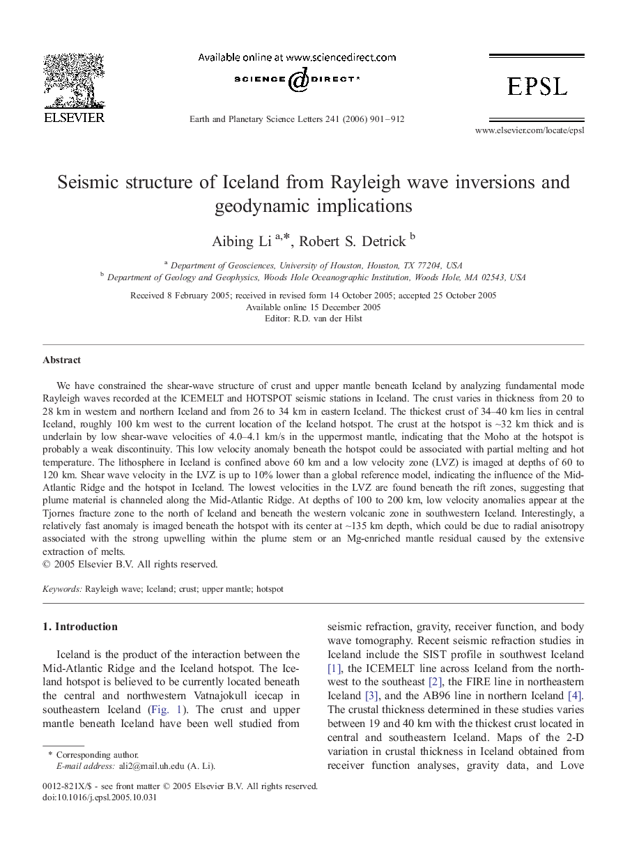 Seismic structure of Iceland from Rayleigh wave inversions and geodynamic implications