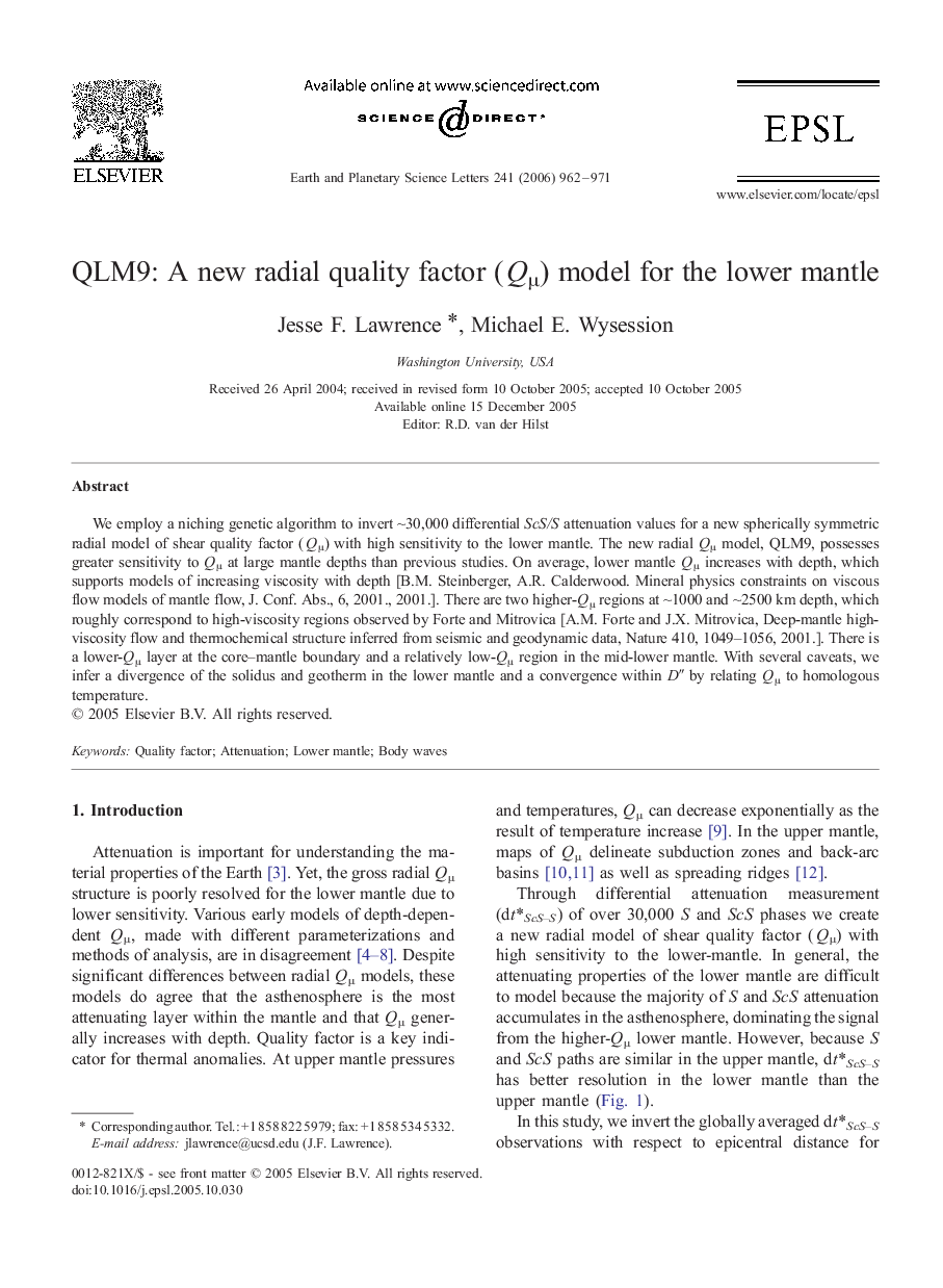 QLM9: A new radial quality factor (QÎ¼) model for the lower mantle