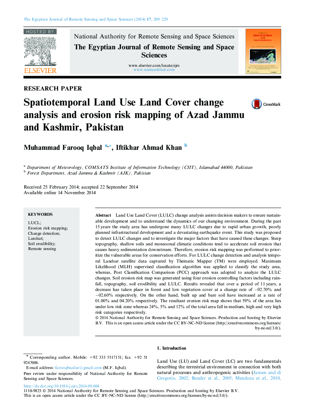 Spatiotemporal Land Use Land Cover change analysis and erosion risk mapping of Azad Jammu and Kashmir, Pakistan 