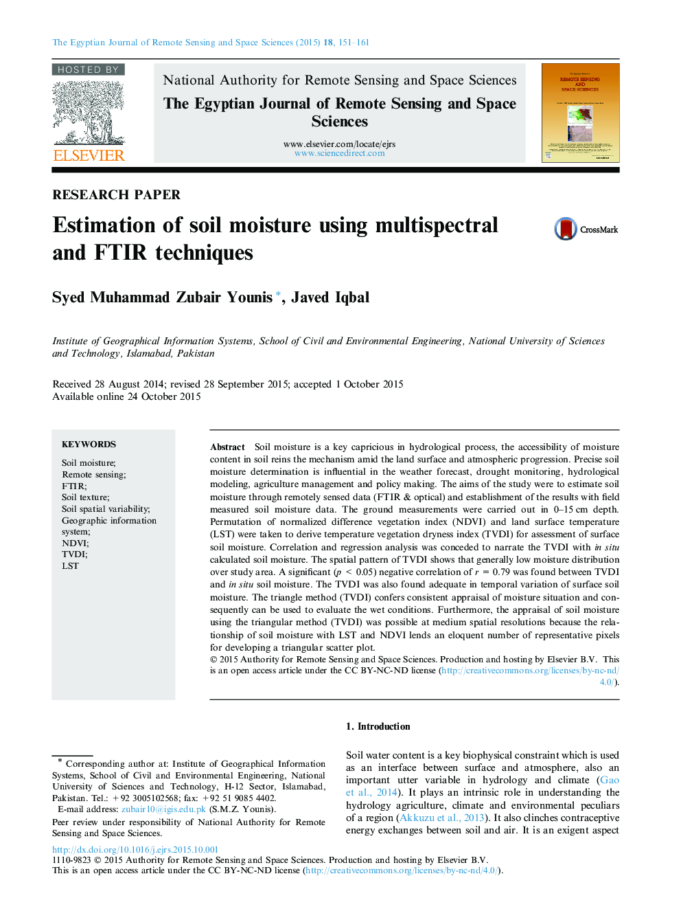 Estimation of soil moisture using multispectral and FTIR techniques 