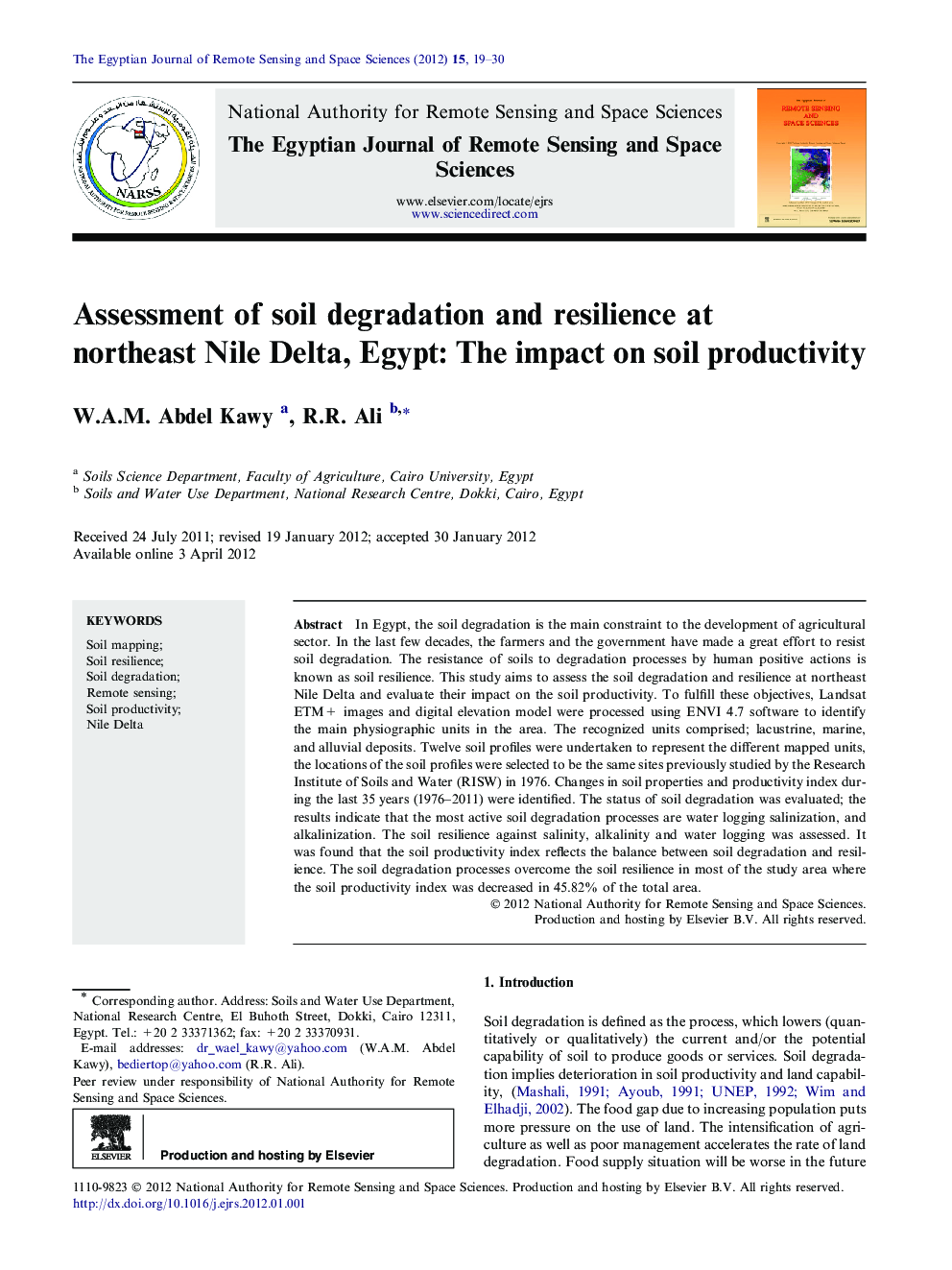 Assessment of soil degradation and resilience at northeast Nile Delta, Egypt: The impact on soil productivity 