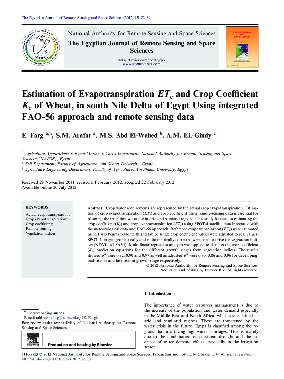 Estimation of Evapotranspiration ETc and Crop Coefficient Kc of Wheat, in south Nile Delta of Egypt Using integrated FAO-56 approach and remote sensing data 