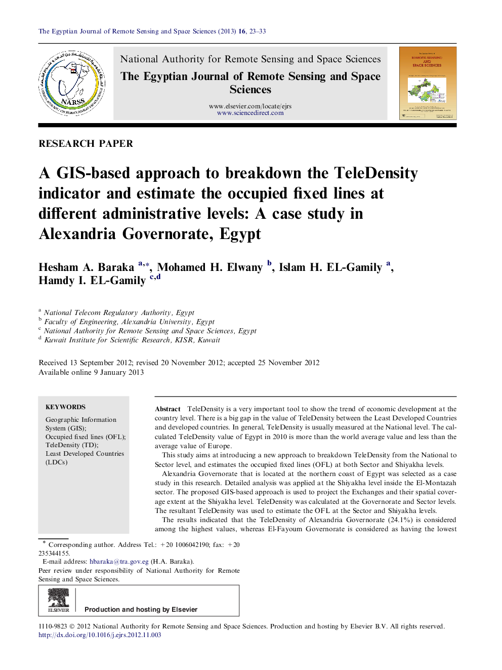 A GIS-based approach to breakdown the TeleDensity indicator and estimate the occupied fixed lines at different administrative levels: A case study in Alexandria Governorate, Egypt 