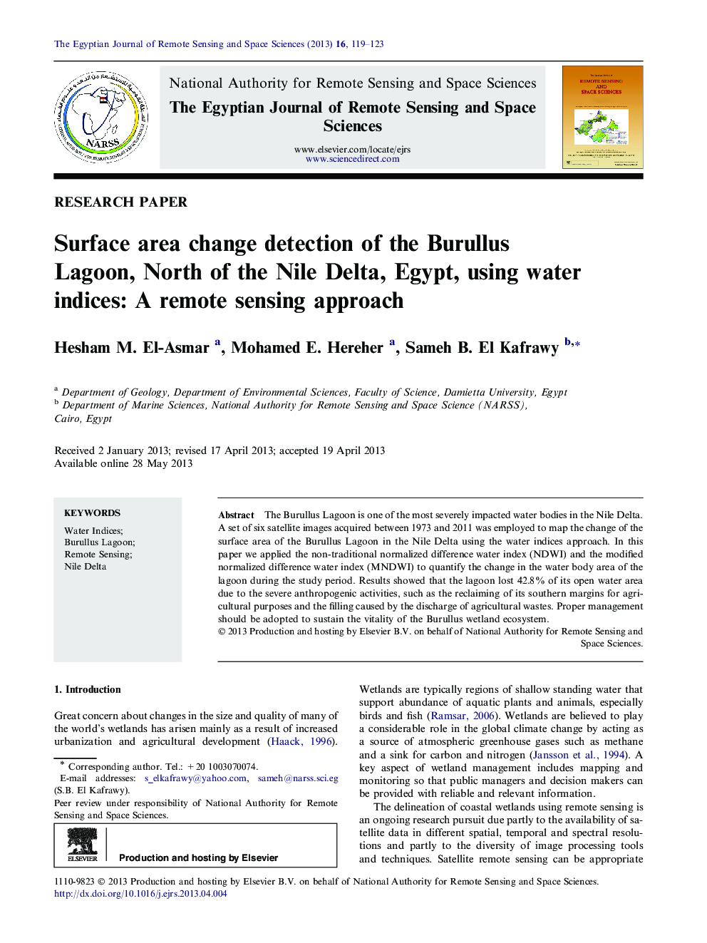 Surface area change detection of the Burullus Lagoon, North of the Nile Delta, Egypt, using water indices: A remote sensing approach 