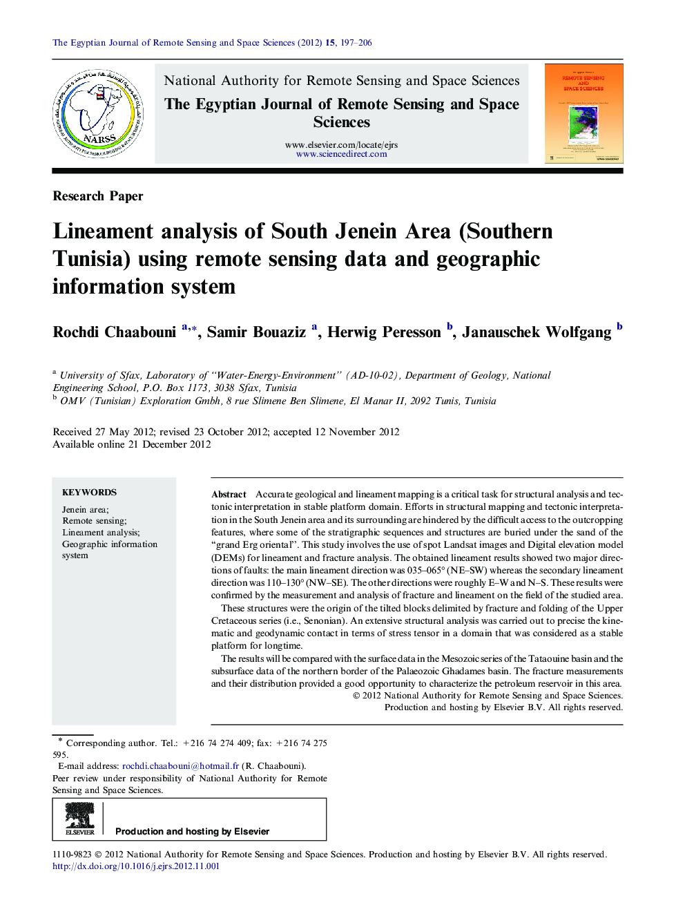 Lineament analysis of South Jenein Area (Southern Tunisia) using remote sensing data and geographic information system 