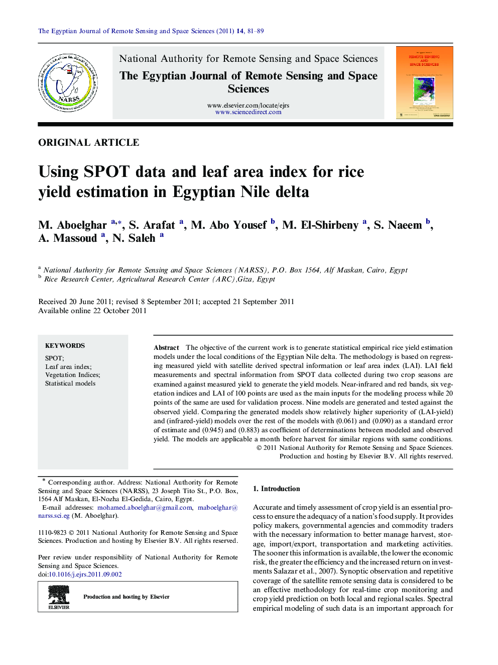 Using SPOT data and leaf area index for rice yield estimation in Egyptian Nile delta