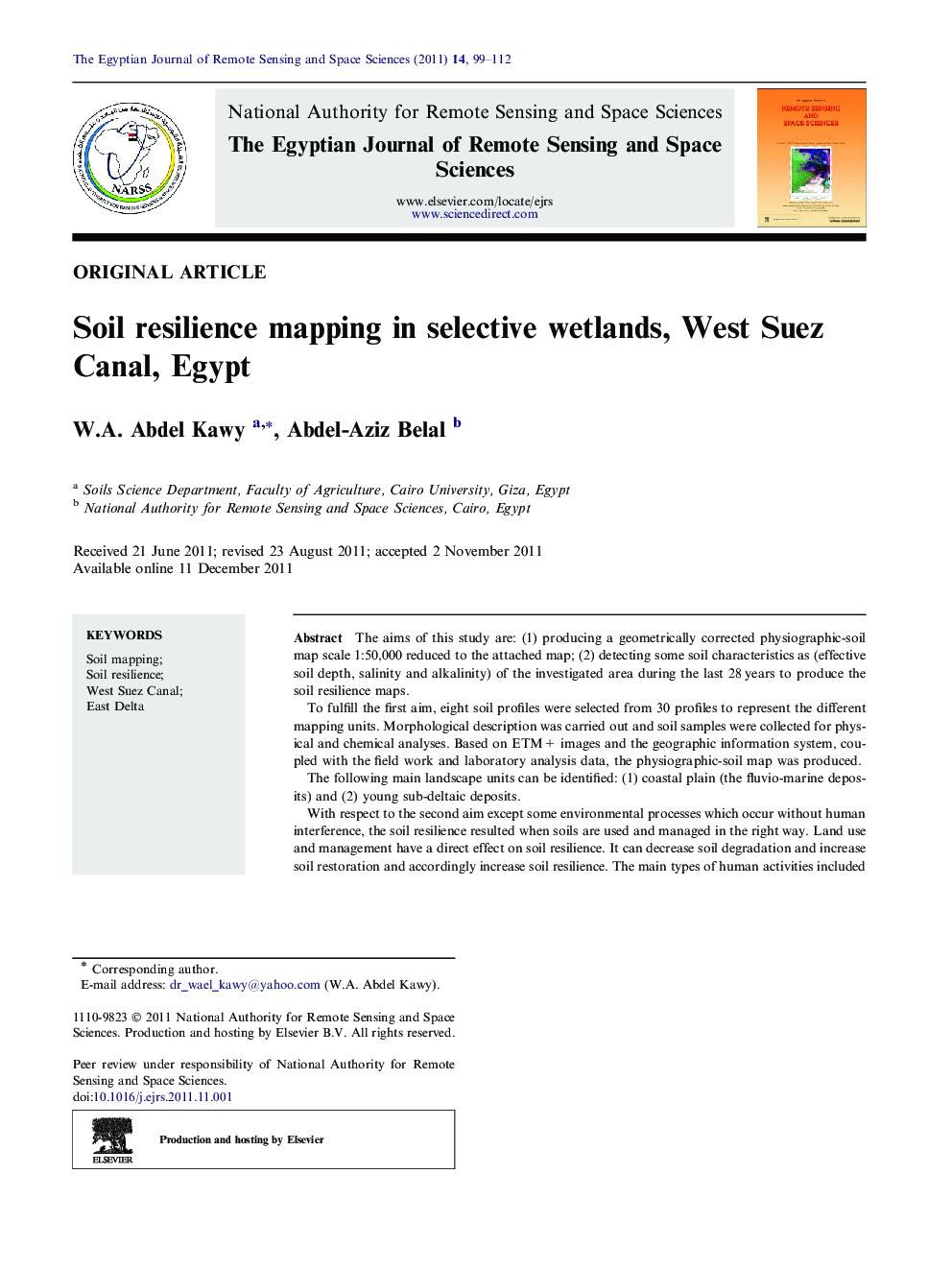 Soil resilience mapping in selective wetlands, West Suez Canal, Egypt