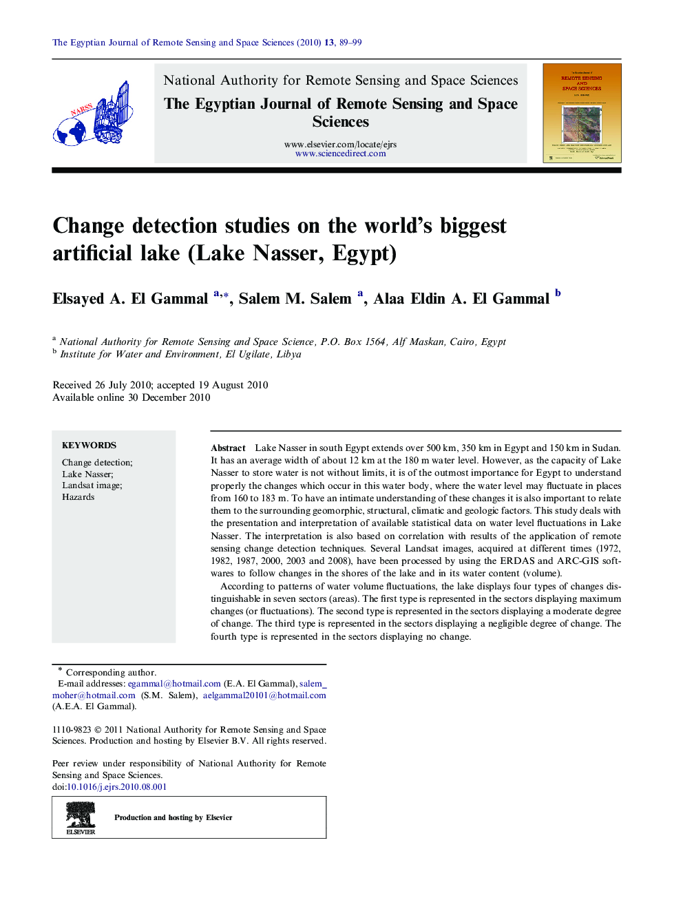 Change detection studies on the world’s biggest artificial lake (Lake Nasser, Egypt)