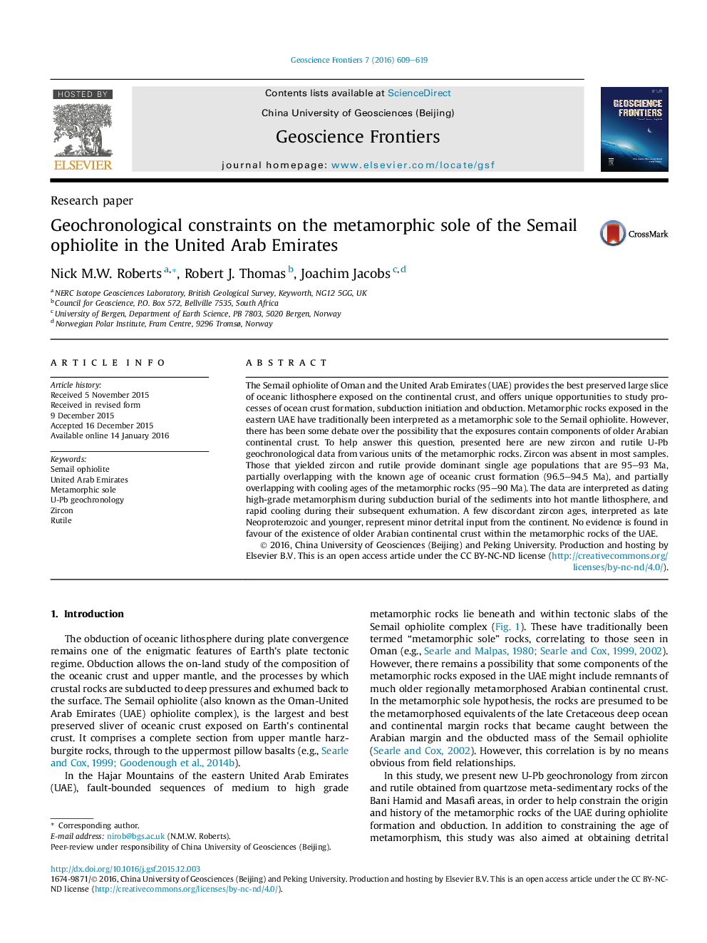 Geochronological constraints on the metamorphic sole of the Semail ophiolite in the United Arab Emirates 