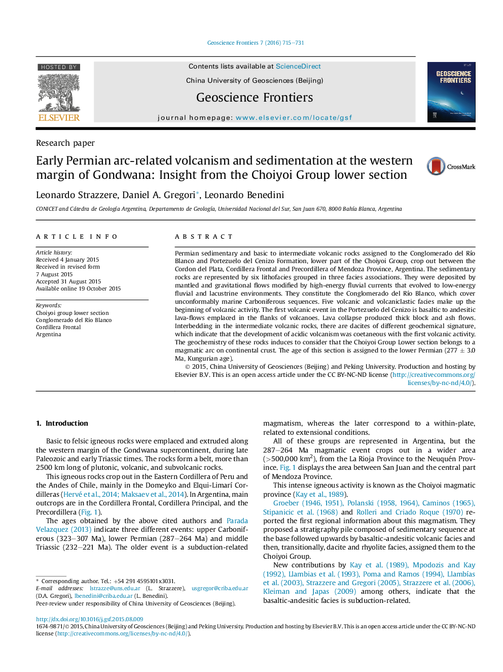 Early Permian arc-related volcanism and sedimentation at the western margin of Gondwana: Insight from the Choiyoi Group lower section 