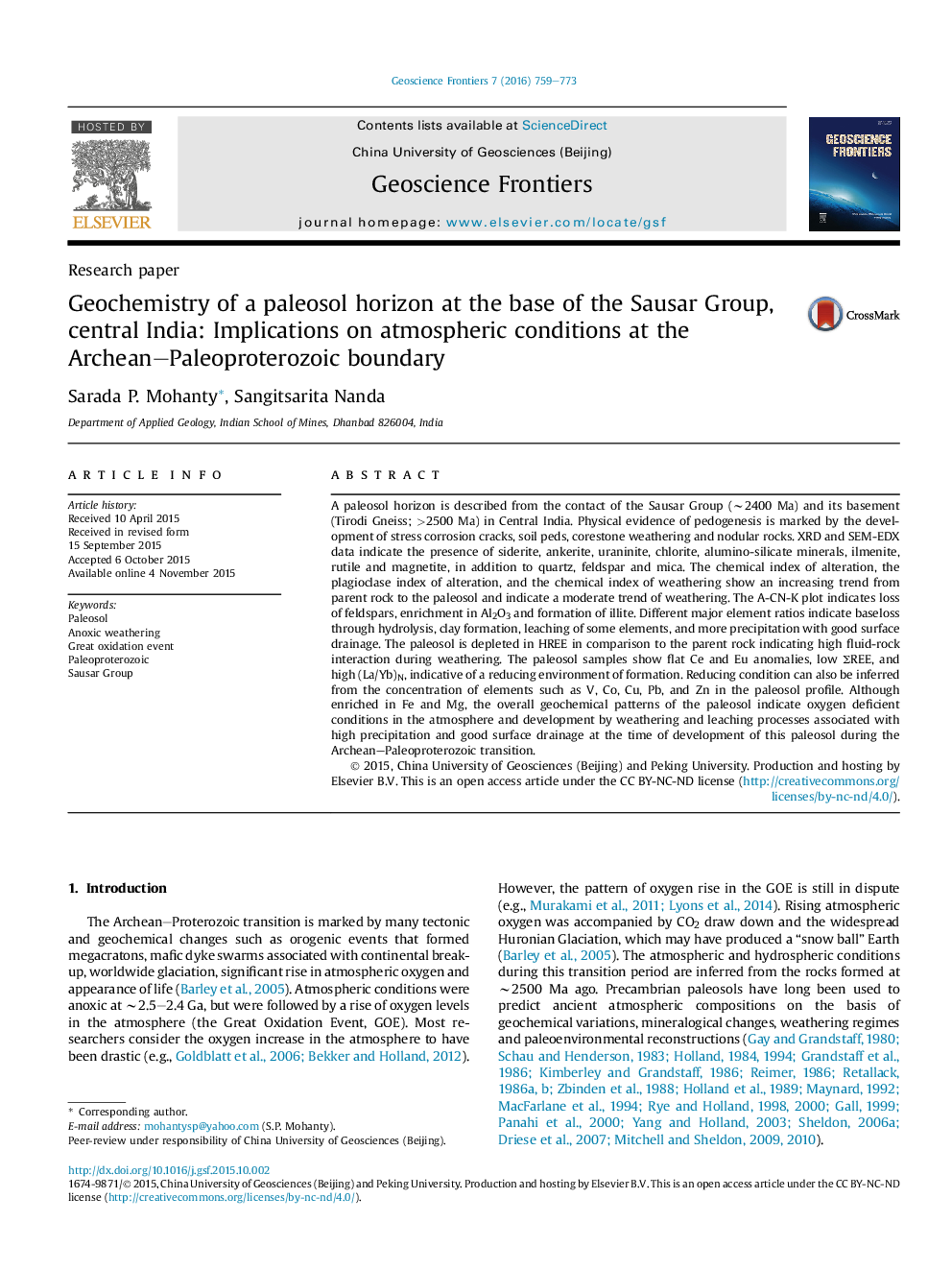 Geochemistry of a paleosol horizon at the base of the Sausar Group, central India: Implications on atmospheric conditions at the Archean–Paleoproterozoic boundary 