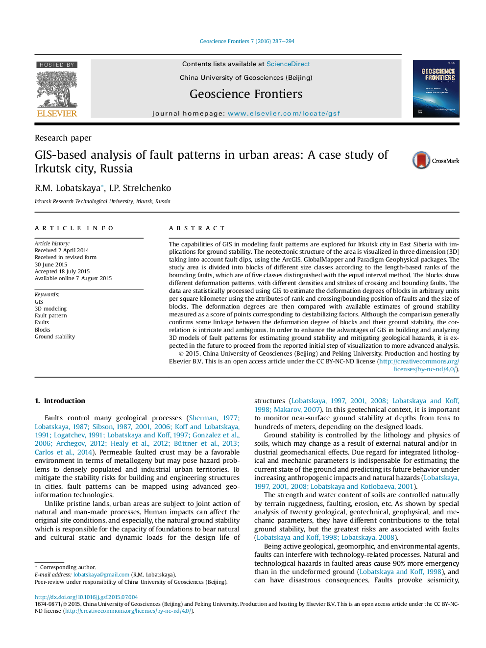 GIS-based analysis of fault patterns in urban areas: A case study of Irkutsk city, Russia 