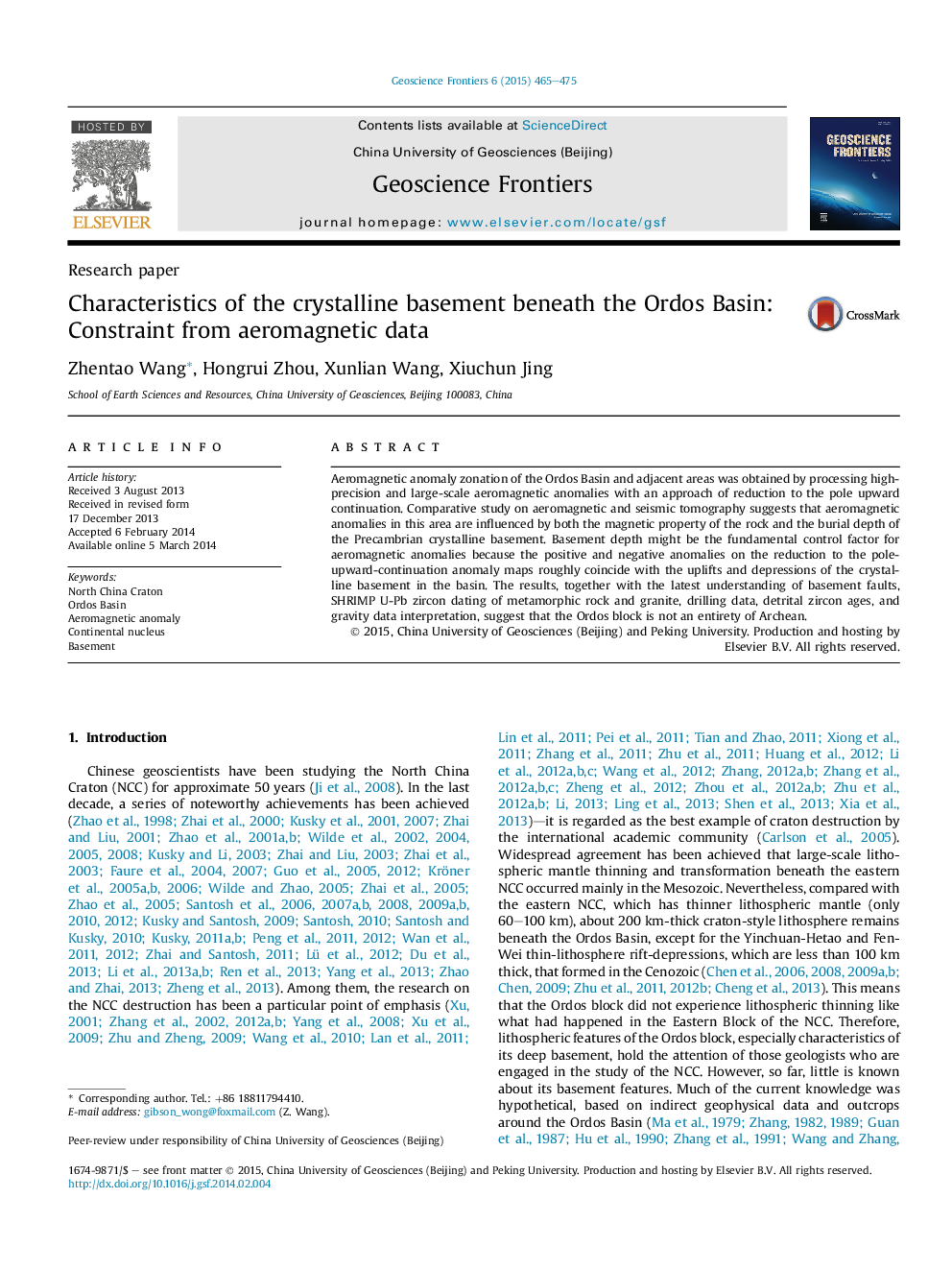 Characteristics of the crystalline basement beneath the Ordos Basin: Constraint from aeromagnetic data 