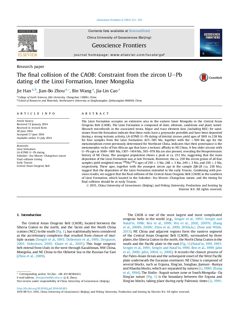 The final collision of the CAOB: Constraint from the zircon U–Pb dating of the Linxi Formation, Inner Mongolia 