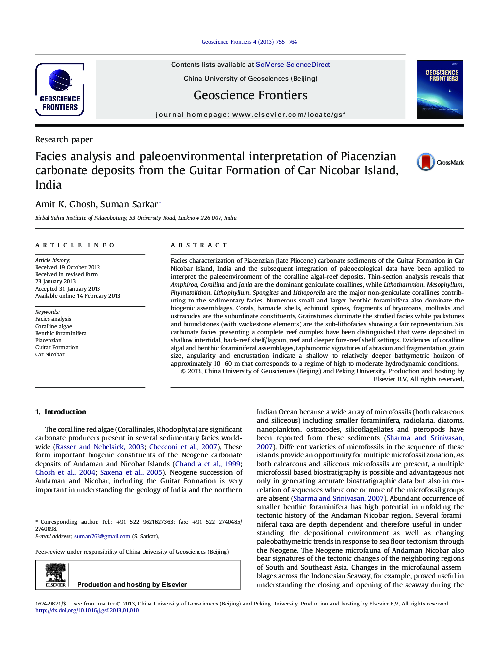 Facies analysis and paleoenvironmental interpretation of Piacenzian carbonate deposits from the Guitar Formation of Car Nicobar Island, India 