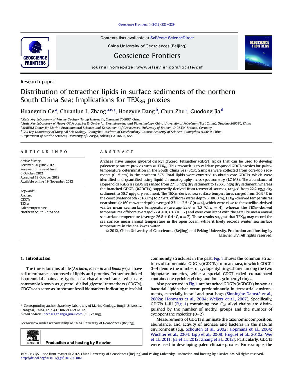 Distribution of tetraether lipids in surface sediments of the northern South China Sea: Implications for TEX86 proxies 