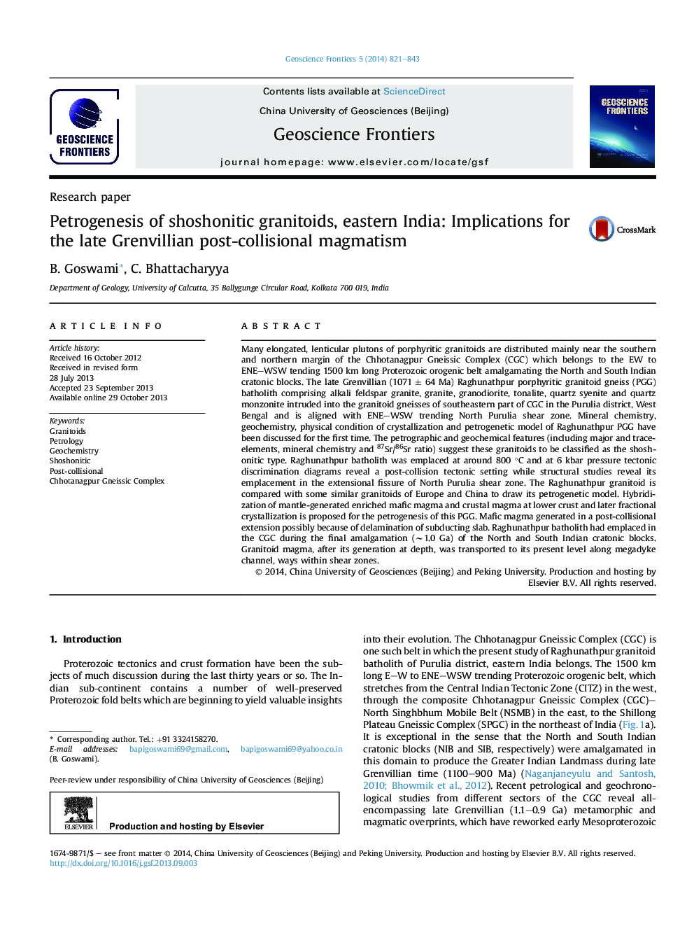 Petrogenesis of shoshonitic granitoids, eastern India: Implications for the late Grenvillian post-collisional magmatism 