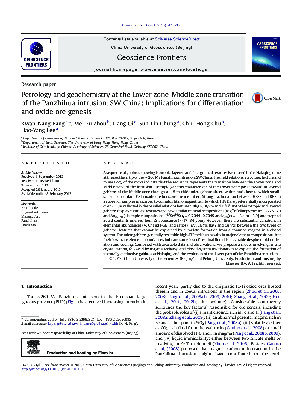 Petrology and geochemistry at the Lower zone-Middle zone transition of the Panzhihua intrusion, SW China: Implications for differentiation and oxide ore genesis 