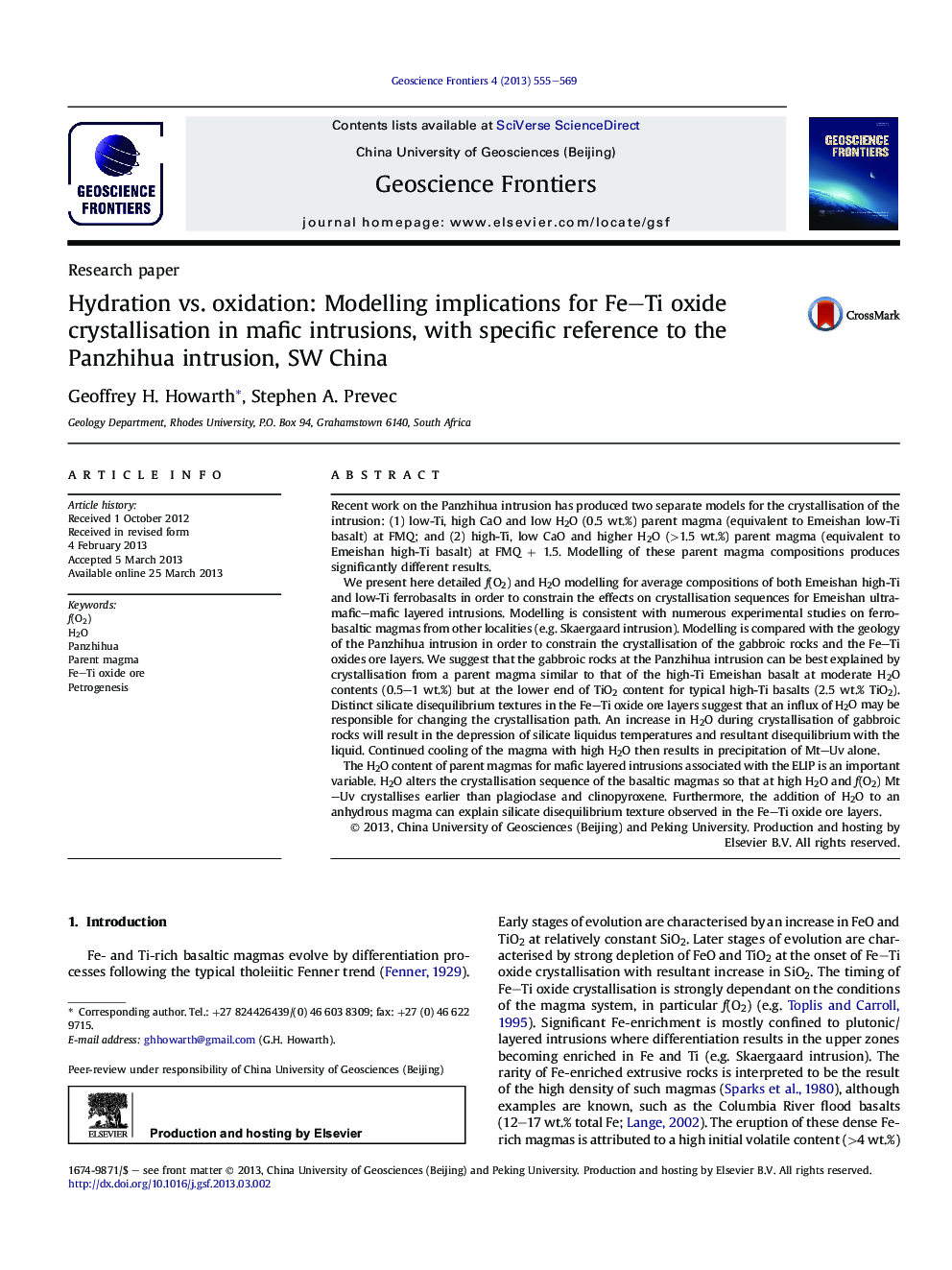 Hydration vs. oxidation: Modelling implications for Fe–Ti oxide crystallisation in mafic intrusions, with specific reference to the Panzhihua intrusion, SW China 