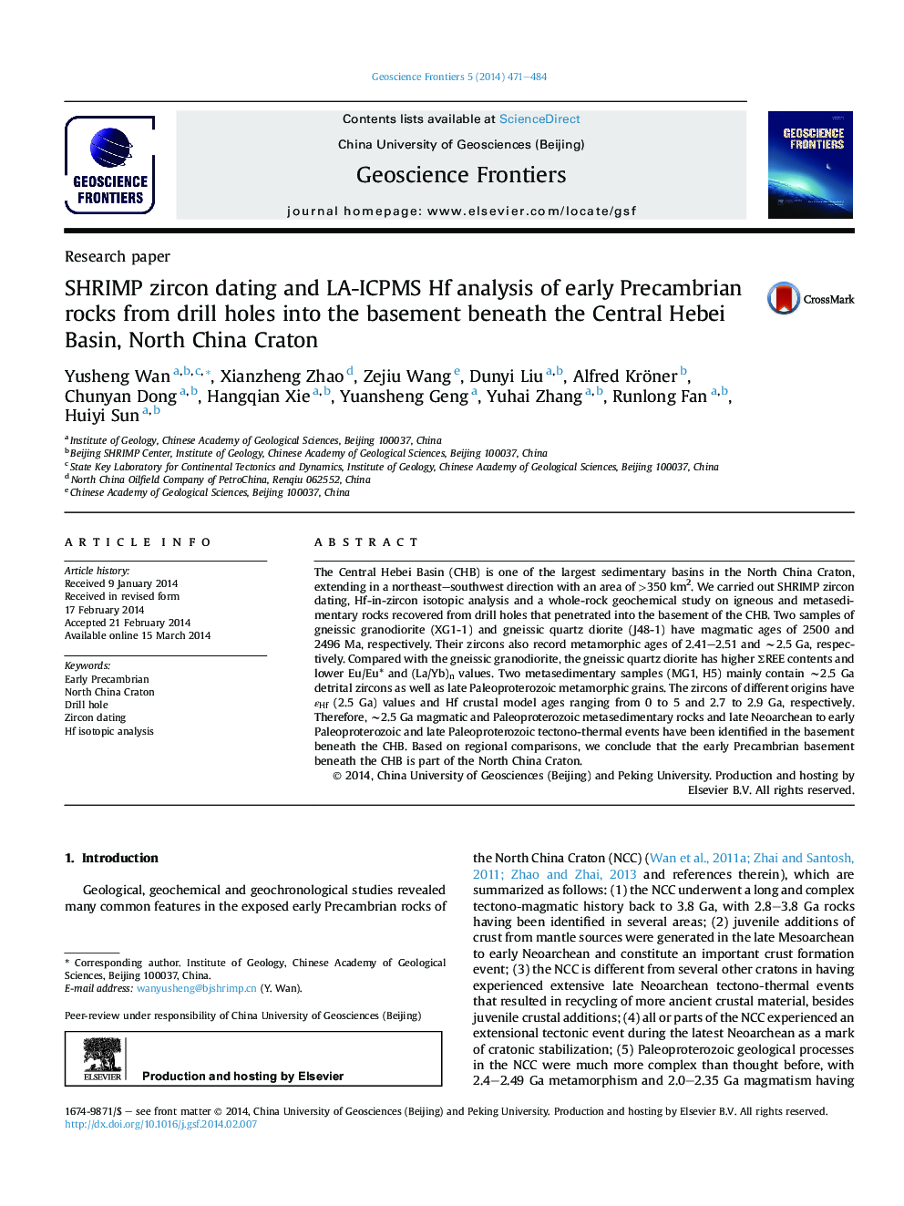 SHRIMP zircon dating and LA-ICPMS Hf analysis of early Precambrian rocks from drill holes into the basement beneath the Central Hebei Basin, North China Craton 