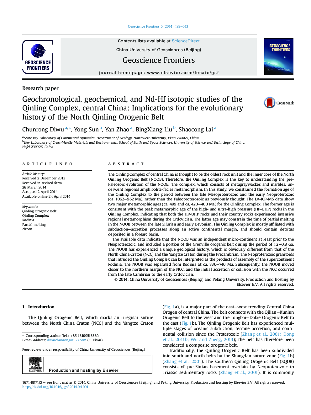 Geochronological, geochemical, and Nd-Hf isotopic studies of the Qinling Complex, central China: Implications for the evolutionary history of the North Qinling Orogenic Belt 