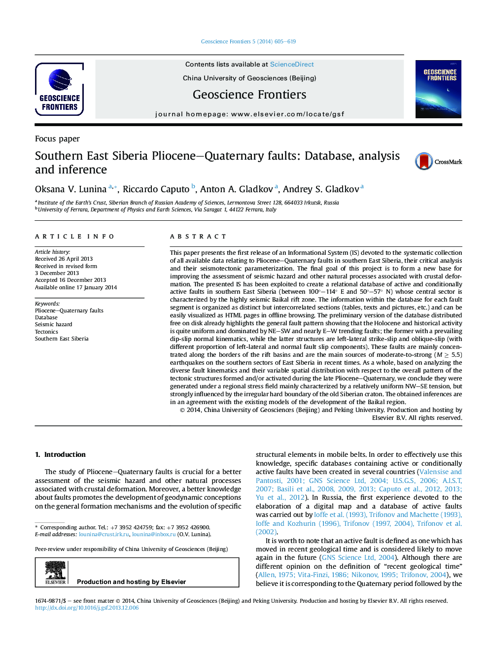 Southern East Siberia Pliocene–Quaternary faults: Database, analysis and inference 