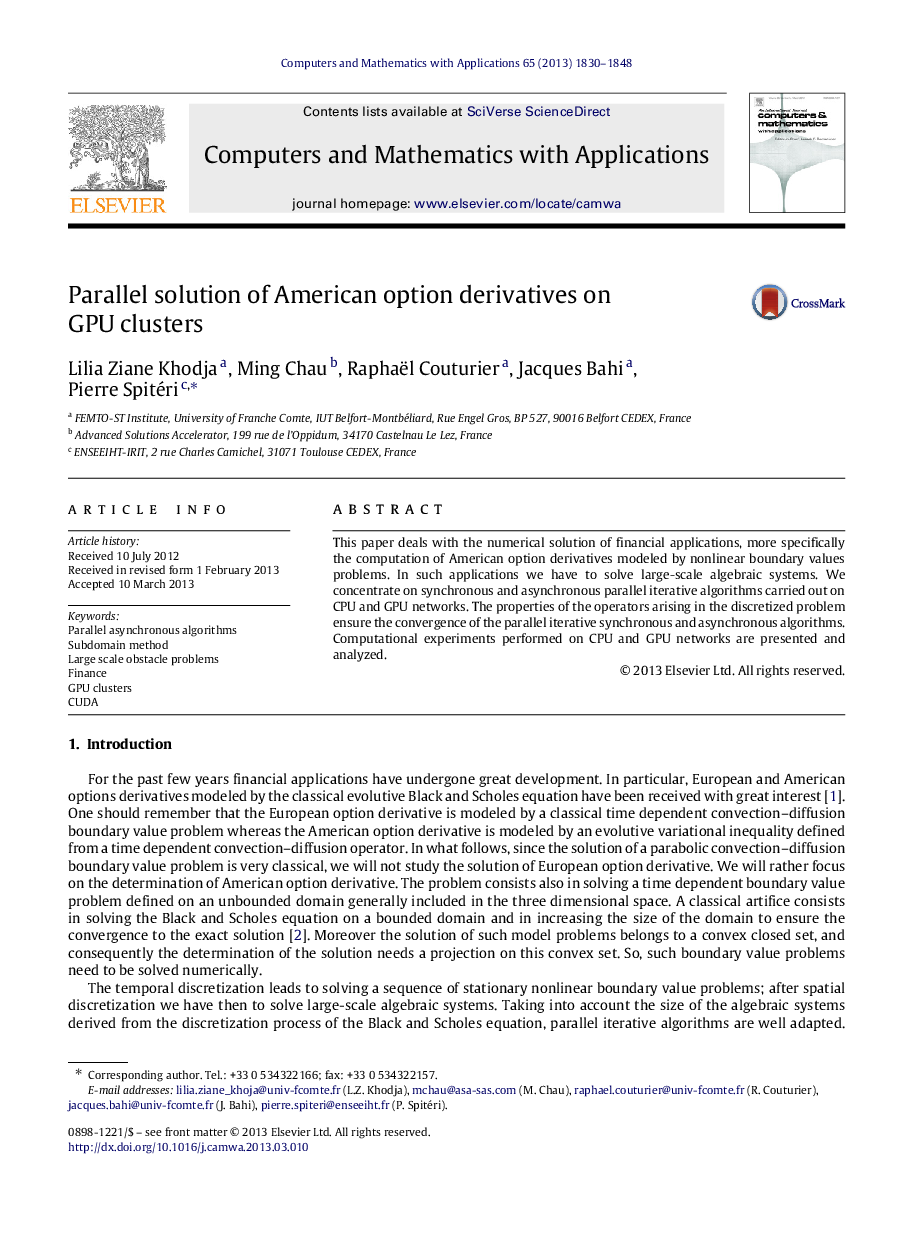 Parallel solution of American option derivatives on GPU clusters