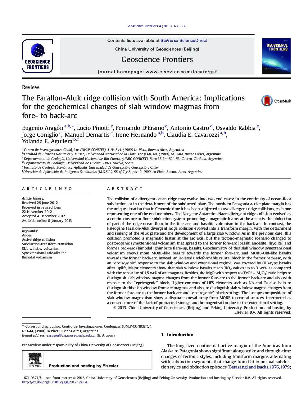 The Farallon-Aluk ridge collision with South America: Implications for the geochemical changes of slab window magmas from fore- to back-arc 