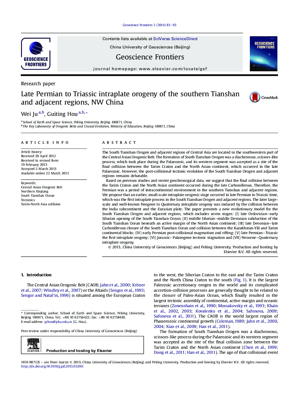 Late Permian to Triassic intraplate orogeny of the southern Tianshan and adjacent regions, NW China 