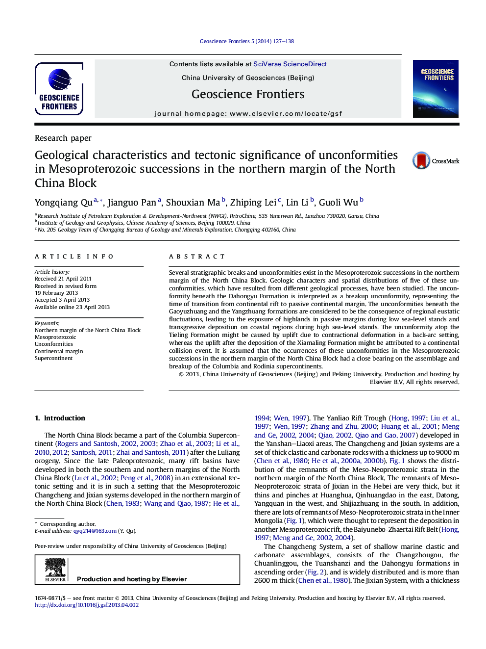 Geological characteristics and tectonic significance of unconformities in Mesoproterozoic successions in the northern margin of the North China Block 
