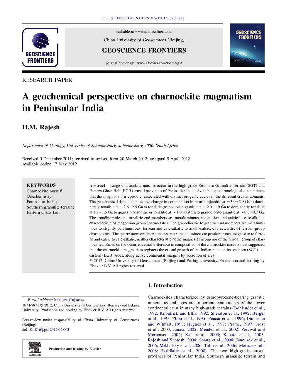 A geochemical perspective on charnockite magmatism in Peninsular India