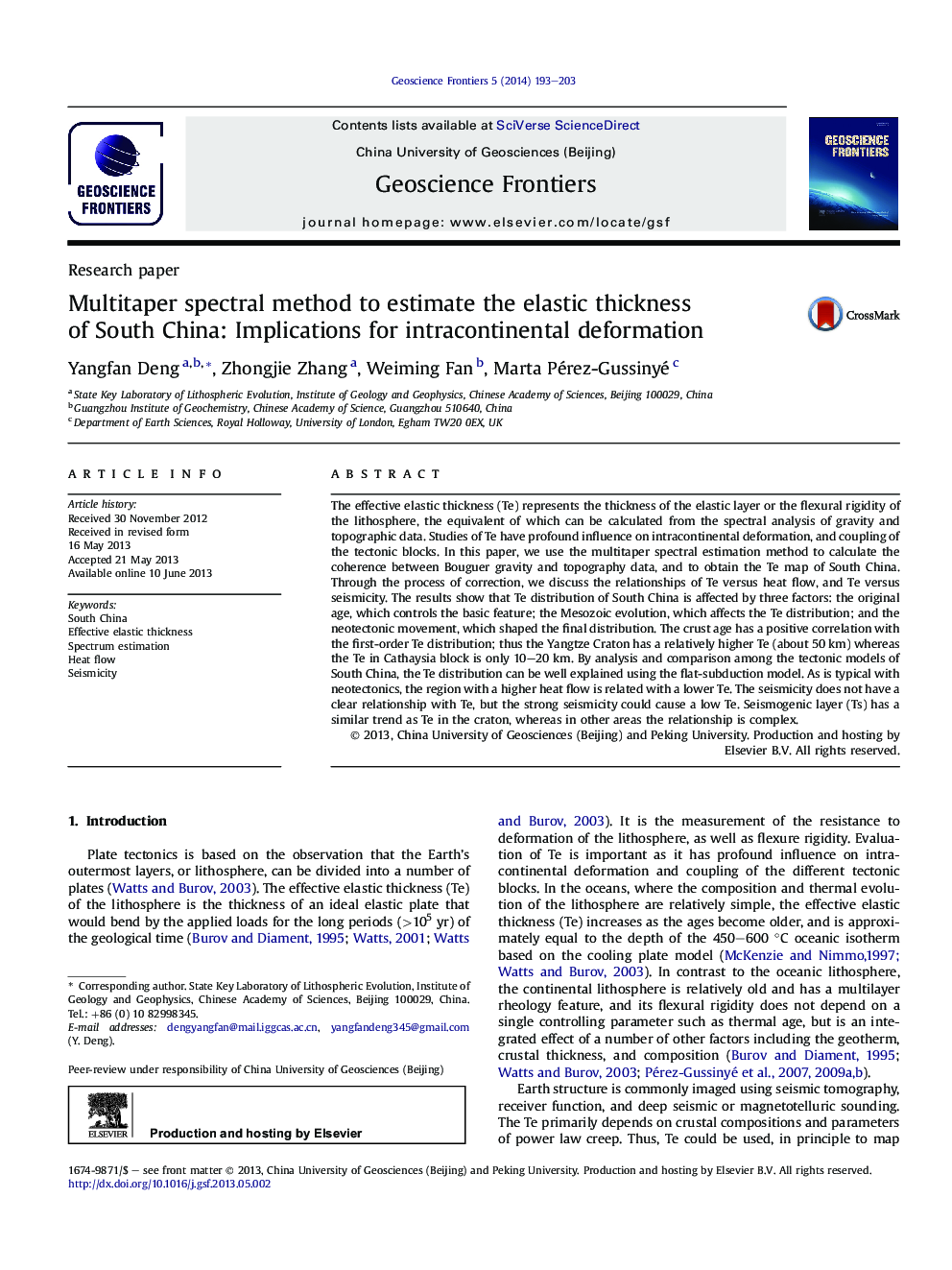 Multitaper spectral method to estimate the elastic thickness of South China: Implications for intracontinental deformation 