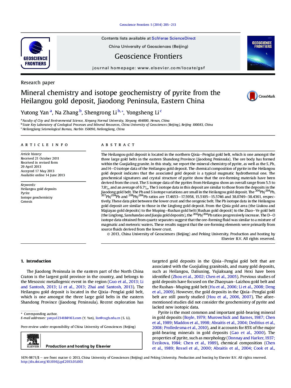 Mineral chemistry and isotope geochemistry of pyrite from the Heilangou gold deposit, Jiaodong Peninsula, Eastern China 