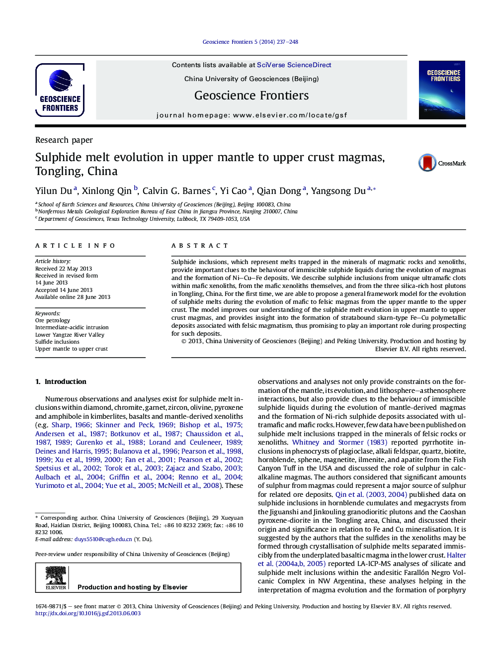 Sulphide melt evolution in upper mantle to upper crust magmas, Tongling, China 