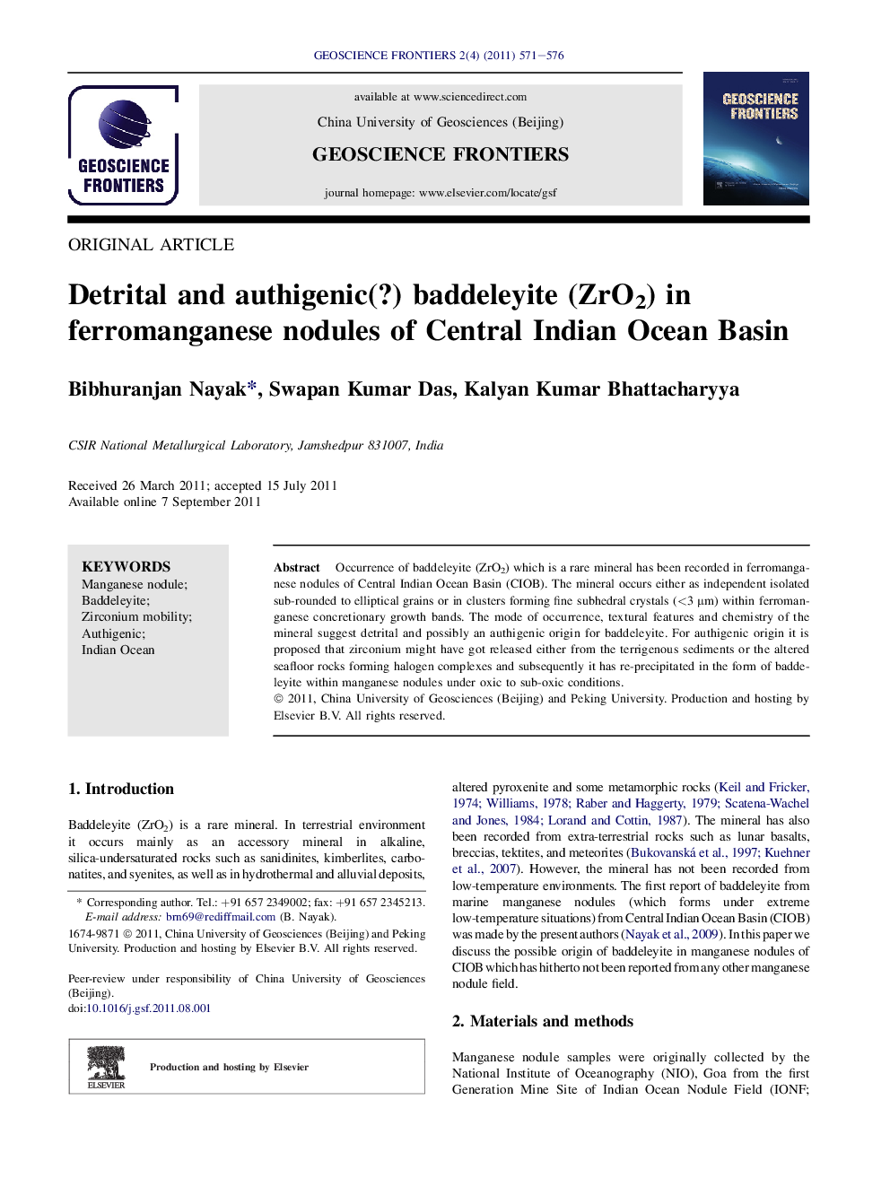 Detrital and authigenic(?) baddeleyite (ZrO2) in ferromanganese nodules of Central Indian Ocean Basin