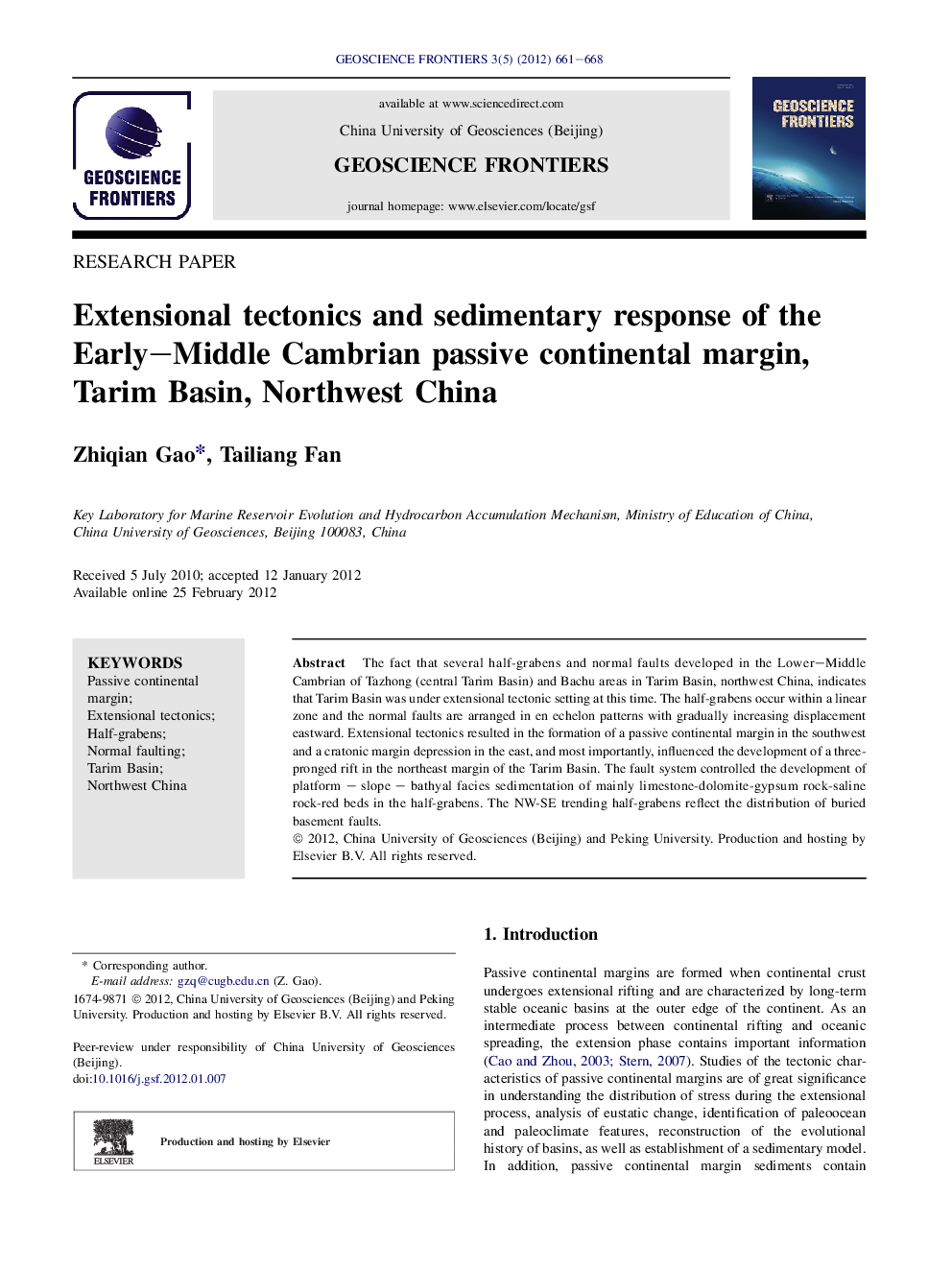 عکس صفحه اول مقاله: Extensional tectonics and sedimentary response of the Early–Middle Cambrian passive continental margin, Tarim Basin, Northwest China Extensional tectonics and sedimentary response of the Early–Middle Cambrian passive continental margin, Tarim Basin, Northwest China