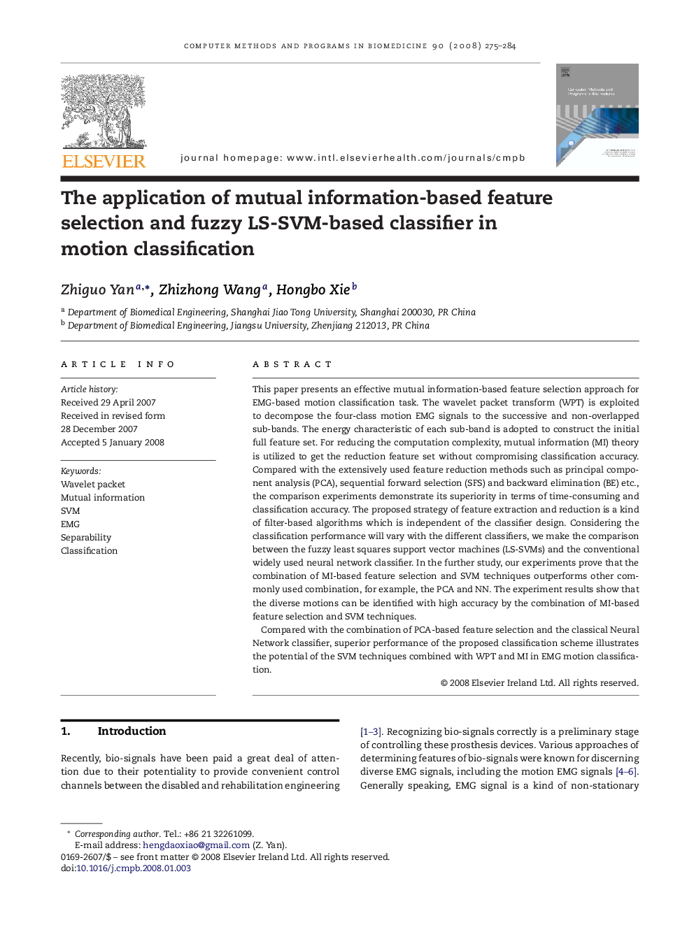 The application of mutual information-based feature selection and fuzzy LS-SVM-based classifier in motion classification