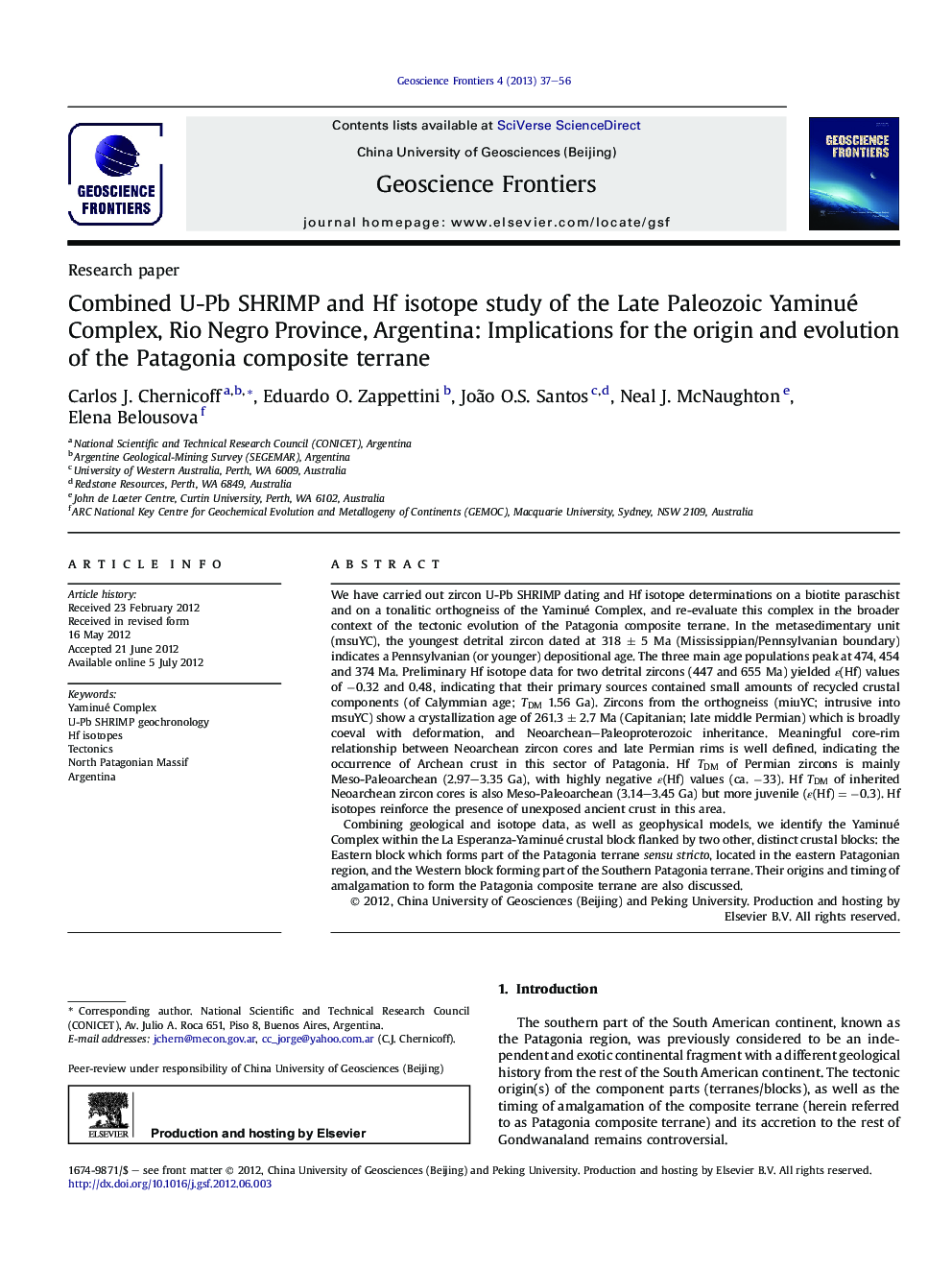 Combined U-Pb SHRIMP and Hf isotope study of the Late Paleozoic Yaminué Complex, Rio Negro Province, Argentina: Implications for the origin and evolution of the Patagonia composite terrane 